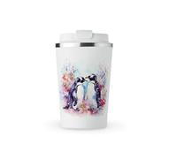MAXIKIWI - Insulated Double Walled, Leakproof Stainless Steel Mug, Coffee or Tea Travel Tumbler with Lid, Keep Drinks Hot and Cold - Penguin Paradise Watercolor - 350ml