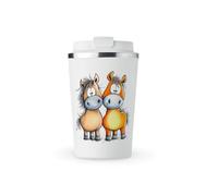 MAXIKIWI - Insulated Double Walled, Leakproof Stainless Steel Mug, Coffee or Tea Travel Tumbler with Lid, Keep Drinks Hot and Cold - Cute Silly Horses - 350ml