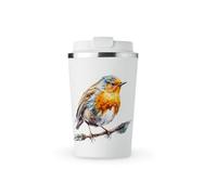 MAXIKIWI - Insulated Double Walled, Leakproof Stainless Steel Mug, Coffee or Tea Travel Tumbler with Lid, Keep Drinks Hot and Cold - American Robin Bird - 350ml
