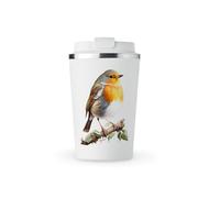 MAXIKIWI - Insulated Double Walled, Leakproof Stainless Steel Mug, Coffee or Tea Travel Tumbler with Lid, Keep Drinks Hot and Cold - American Robin Bird - 350ml