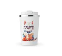 MAXIKIWI - Insulated Double Walled, Leakproof Stainless Steel Mug, Coffee or Tea Travel Tumbler with Lid, Keep Drinks Hot and Cold - Grey Cat Reading Book - 350ml