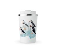 MAXIKIWI - Insulated Double Walled, Leakproof Stainless Steel Mug, Coffee or Tea Travel Tumbler with Lid, Keep Drinks Hot and Cold - Winter Puffins on Icebergs - 350ml
