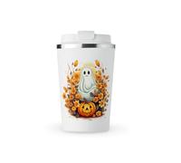MAXIKIWI - Insulated Double Walled, Leakproof Stainless Steel Mug, Coffee or Tea Travel Tumbler with Lid, Keep Drinks Hot and Cold - Ghost in Pumpkin Garden - 350ml