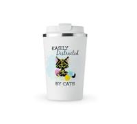 MAXIKIWI - Insulated Double Walled, Leakproof Stainless Steel Mug, Coffee or Tea Travel Tumbler with Lid, Keep Drinks Hot and Cold - Distracted by Cats - 350ml