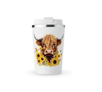 MAXIKIWI - Insulated Double Walled, Leakproof Stainless Steel Mug, Coffee or Tea Travel Tumbler with Lid, Keep Drinks Hot and Cold - Highland Cow with Sunflowers - 350ml