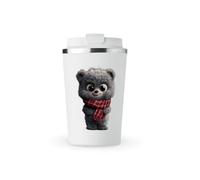 MAXIKIWI - Insulated Double Walled, Leakproof Stainless Steel Mug, Coffee or Tea Travel Tumbler with Lid, Keep Drinks Hot and Cold - Cute Smiling Teddy Bear with Scarf 3-350ml