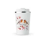 MAXIKIWI - Insulated Double Walled, Leakproof Stainless Steel Mug, Coffee or Tea Travel Tumbler with Lid, Keep Drinks Hot and Cold - Robins in a Rose Garden - 350ml