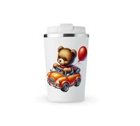 MAXIKIWI - Insulated Double Walled, Leakproof Stainless Steel Mug, Coffee or Tea Travel Tumbler with Lid, Keep Drinks Hot and Cold - Teddies in A Car - 350ml