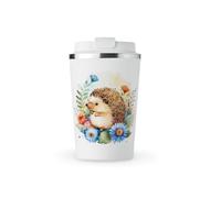 MAXIKIWI - Insulated Double Walled, Leakproof Stainless Steel Mug, Coffee or Tea Travel Tumbler with Lid, Keep Drinks Hot and Cold - Floral Hedgehog - 350ml