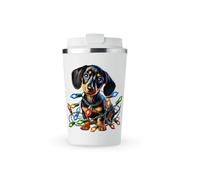 MAXIKIWI - Insulated Double Walled, Leakproof Stainless Steel Mug, Coffee or Tea Travel Tumbler with Lid, Keep Drinks Hot and Cold - Christmas Dachshunds - 350ml