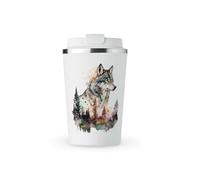 MAXIKIWI - Insulated Double Walled, Leakproof Stainless Steel Mug, Coffee or Tea Travel Tumbler with Lid, Keep Drinks Hot and Cold - Wolf Wall Art Watercolor - 350ml