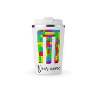 MAXIKIWI - Personalised Insulated Double Walled, Leakproof Stainless Steel Mug, Coffee or Tea Travel Tumbler with Lid, Keep Drinks Hot and Cold - Lego Bricks 3D Alphabet - 350ml