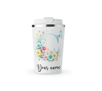 MAXIKIWI - Personalised Insulated Double Walled, Leakproof Stainless Steel Mug, Coffee or Tea Travel Tumbler with Lid, Keep Drinks Hot and Cold - Pastel Spring Floral Alphabet - 350ml