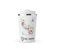 MAXIKIWI - Personalised Insulated Double Walled, Leakproof Stainless Steel Mug, Coffee or Tea Travel Tumbler with Lid, Keep Drinks Hot and Cold - Pastel Spring Floral Alphabet - 350ml
