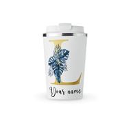 MAXIKIWI - Personalised Insulated Double Walled, Leakproof Stainless Steel Mug, Coffee or Tea Travel Tumbler with Lid, Keep Drinks Hot and Cold - Gold Alphabet Blue Tropic - 350ml