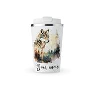 MAXIKIWI - Personalized Insulated Double Walled, Leakproof Stainless Steel Mug, Coffee or Tea Travel Tumbler with Lid, Keep Drinks Hot and Cold - Wolf Wall Art Watercolor - 350ml