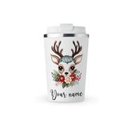 MAXIKIWI - Personalized Insulated Double Walled, Leakproof Stainless Steel Mug, Coffee or Tea Travel Tumbler with Lid, Keep Drinks Hot and Cold - Christmas Reindeer - 350ml