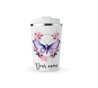 MAXIKIWI - Personalized Insulated Double Walled, Leakproof Stainless Steel Mug, Coffee or Tea Travel Tumbler with Lid, Keep Drinks Hot and Cold - Flowers Moth Watercolor - 350ml