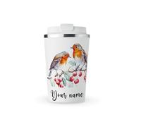 MAXIKIWI - Personalized Insulated Double Walled, Leakproof Stainless Steel Mug, Coffee or Tea Travel Tumbler with Lid, Keep Drinks Hot and Cold - Robins in a Rose Garden - 350ml