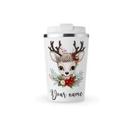 MAXIKIWI - Personalized Insulated Double Walled, Leakproof Stainless Steel Mug, Coffee or Tea Travel Tumbler with Lid, Keep Drinks Hot and Cold - Christmas Reindeer - 350ml