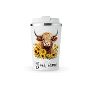 MAXIKIWI - Personalized Insulated Double Walled, Leakproof Stainless Steel Mug, Coffee or Tea Travel Tumbler with Lid, Keep Drinks Hot and Cold - Highland Cow with Sunflowers - 350ml