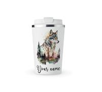 MAXIKIWI - Personalized Insulated Double Walled, Leakproof Stainless Steel Mug, Coffee or Tea Travel Tumbler with Lid, Keep Drinks Hot and Cold - Wolf Wall Art Watercolor - 350ml