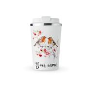 MAXIKIWI - Personalized Insulated Double Walled, Leakproof Stainless Steel Mug, Coffee or Tea Travel Tumbler with Lid, Keep Drinks Hot and Cold - Robins in a Rose Garden - 350ml
