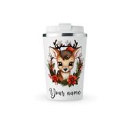 MAXIKIWI - Personalized Insulated Double Walled, Leakproof Stainless Steel Mug, Coffee or Tea Travel Tumbler with Lid, Keep Drinks Hot and Cold - Christmas Reindeer - 350ml