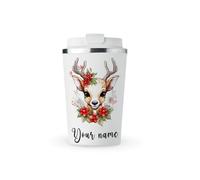 MAXIKIWI - Personalized Insulated Double Walled, Leakproof Stainless Steel Mug, Coffee or Tea Travel Tumbler with Lid, Keep Drinks Hot and Cold - Christmas Reindeer - 350ml
