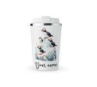 MAXIKIWI - Personalized Insulated Double Walled, Leakproof Stainless Steel Mug, Coffee or Tea Travel Tumbler with Lid, Keep Drinks Hot and Cold - Winter Puffins on Icebergs - 350ml