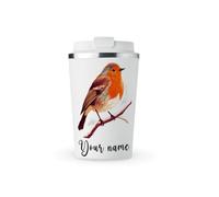 MAXIKIWI - Personalized Insulated Double Walled, Leakproof Stainless Steel Mug, Coffee or Tea Travel Tumbler with Lid, Keep Drinks Hot and Cold - Winter Robins - 350ml