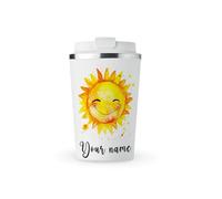 MAXIKIWI - Personalized Insulated Double Walled, Leakproof Stainless Steel Mug, Coffee or Tea Travel Tumbler with Lid, Keep Drinks Hot and Cold - Happy Sun Watercolor - 350ml