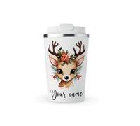 MAXIKIWI - Personalized Insulated Double Walled, Leakproof Stainless Steel Mug, Coffee or Tea Travel Tumbler with Lid, Keep Drinks Hot and Cold - Christmas Reindeer - 350ml