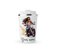 MAXIKIWI - Personalized Insulated Double Walled, Leakproof Stainless Steel Mug, Coffee or Tea Travel Tumbler with Lid, Keep Drinks Hot and Cold - Woman Riding Motorbike - 350ml