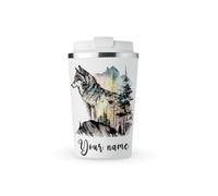 MAXIKIWI - Personalized Insulated Double Walled, Leakproof Stainless Steel Mug, Coffee or Tea Travel Tumbler with Lid, Keep Drinks Hot and Cold - Wolf Wall Art Watercolor - 350ml