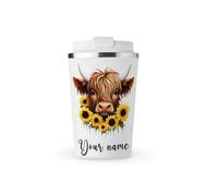 MAXIKIWI - Personalized Insulated Double Walled, Leakproof Stainless Steel Mug, Coffee or Tea Travel Tumbler with Lid, Keep Drinks Hot and Cold - Highland Cow with Sunflowers - 350ml