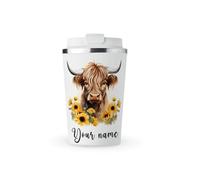 MAXIKIWI - Personalized Insulated Double Walled, Leakproof Stainless Steel Mug, Coffee or Tea Travel Tumbler with Lid, Keep Drinks Hot and Cold - Highland Cow with Sunflowers - 350ml