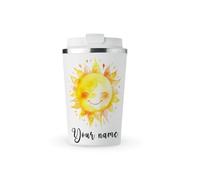 MAXIKIWI - Personalized Insulated Double Walled, Leakproof Stainless Steel Mug, Coffee or Tea Travel Tumbler with Lid, Keep Drinks Hot and Cold - Happy Sun Watercolor - 350ml