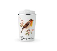 MAXIKIWI - Personalized Insulated Double Walled, Leakproof Stainless Steel Mug, Coffee or Tea Travel Tumbler with Lid, Keep Drinks Hot and Cold - Winter Robins - 350ml