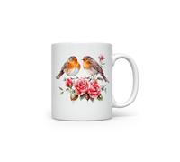 MAXIKIWI - Smooth Durable Ceramic Coffee or Tea Mug for Home or Office - Perfect for Any Occasion - Robins in a Rose Garden - 300ml