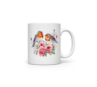 MAXIKIWI - Smooth Durable Ceramic Coffee or Tea Mug for Home or Office - Perfect for Any Occasion - Robins in a Rose Garden - 300ml