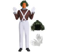 Maxim Party Supplies Men's Factory Worker Costume - 4 Piece Set with Overalls, Shirt, Wig & Gloves - Chocolate Candy Outfit (X-Large)