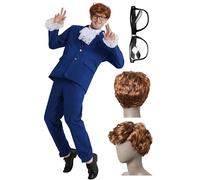 Maxim Party Supplies Men's Spy Costume - 6 Piece Groovy 60's Blue Suit with Vest, Glasses, Wig - Retro Shagadelic Cosplay Set (Medium)