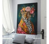 Maximalist Eclectic Fashionista Leopard Art Print Bold Animal Portrait, Altered Animal Portrait, Fun Colourful, Flowery Vintage Floral Art Poster Decorative Painting Canvas Wall And Art Picture Print