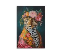 Maximalist Eclectic Fashionista Leopard Art Print Bold Animal Portrait, Altered Animal Portrait, Fun Colourful, Flowery Vintage Floral Art Poster Decorative Painting Canvas Wall And Art Picture Print