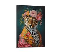 Maximalist Eclectic Fashionista Leopard Art Print Bold Animal Portrait, Altered Animal Portrait, Fun Colourful, Flowery Vintage Floral Art Poster Decorative Painting Canvas Wall And Art Picture Print