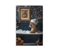 Maximalist Leopard Taking A Bubble Bath Art Poster Bold Fun Animal Poster Vintage Traditional Leopard With Towel Poster Ploral Flowers Eclectic Poster Canvas Poster Wall Art Decor Print Picture Painti