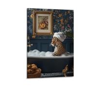 Maximalist Leopard Taking A Bubble Bath Art Poster Bold Fun Animal Poster Vintage Traditional Leopard With Towel Poster Ploral Flowers Eclectic Poster Canvas Poster Wall Art Decor Print Picture Painti