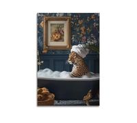 Maximalist Leopard Taking A Bubble Bath Art Print Bold Fun Animal Print, Vintage Traditional Leopard with Towel, Floral Flowers, Eclectic Poster Decorative Painting Canvas Wall Posters And Art Picture