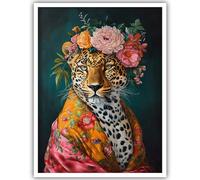 Maximalist Vintage Leopard Prints Floral Wall Art - Fun Colourful Wall Art Decor - Eclectic Animal Wall Art Portrait Canvas Prints for Nursery, Bedroom, Office - 16x24inch Unframed